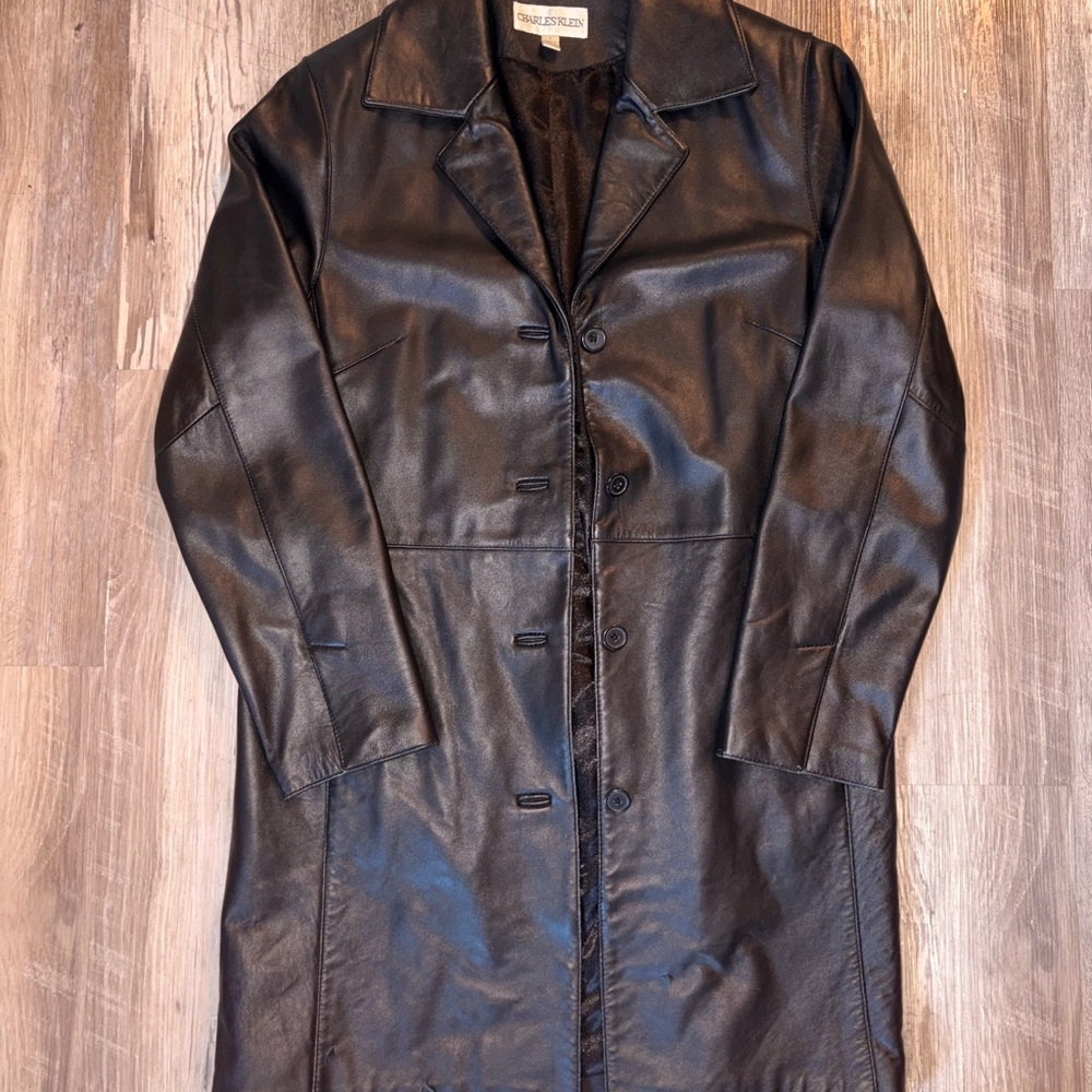 Charles Klein Leather Trench Coat- Black Size Small